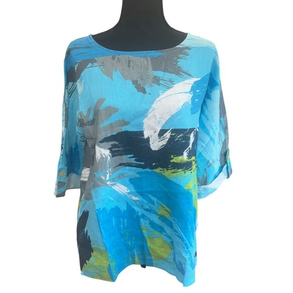 Ali Miles Womens Abstract Print Linen Top Button Back Sleeve Sustainable Artsy S - Picture 3 of 11